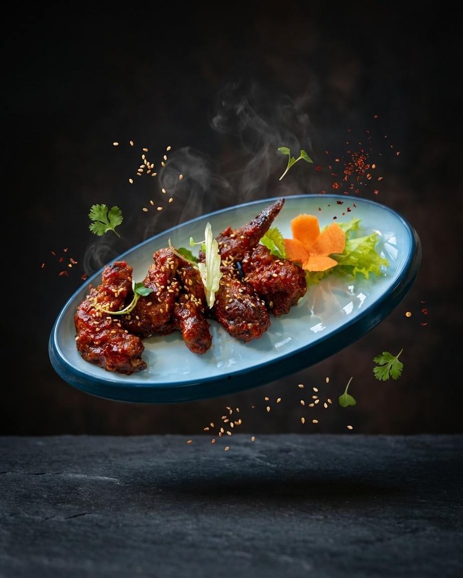 Dramatic presentation of hot wings from Areca Cafe