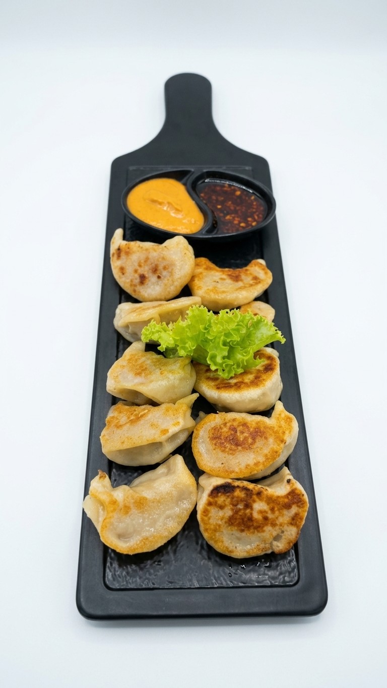 Kothey momo served with dipping sauces